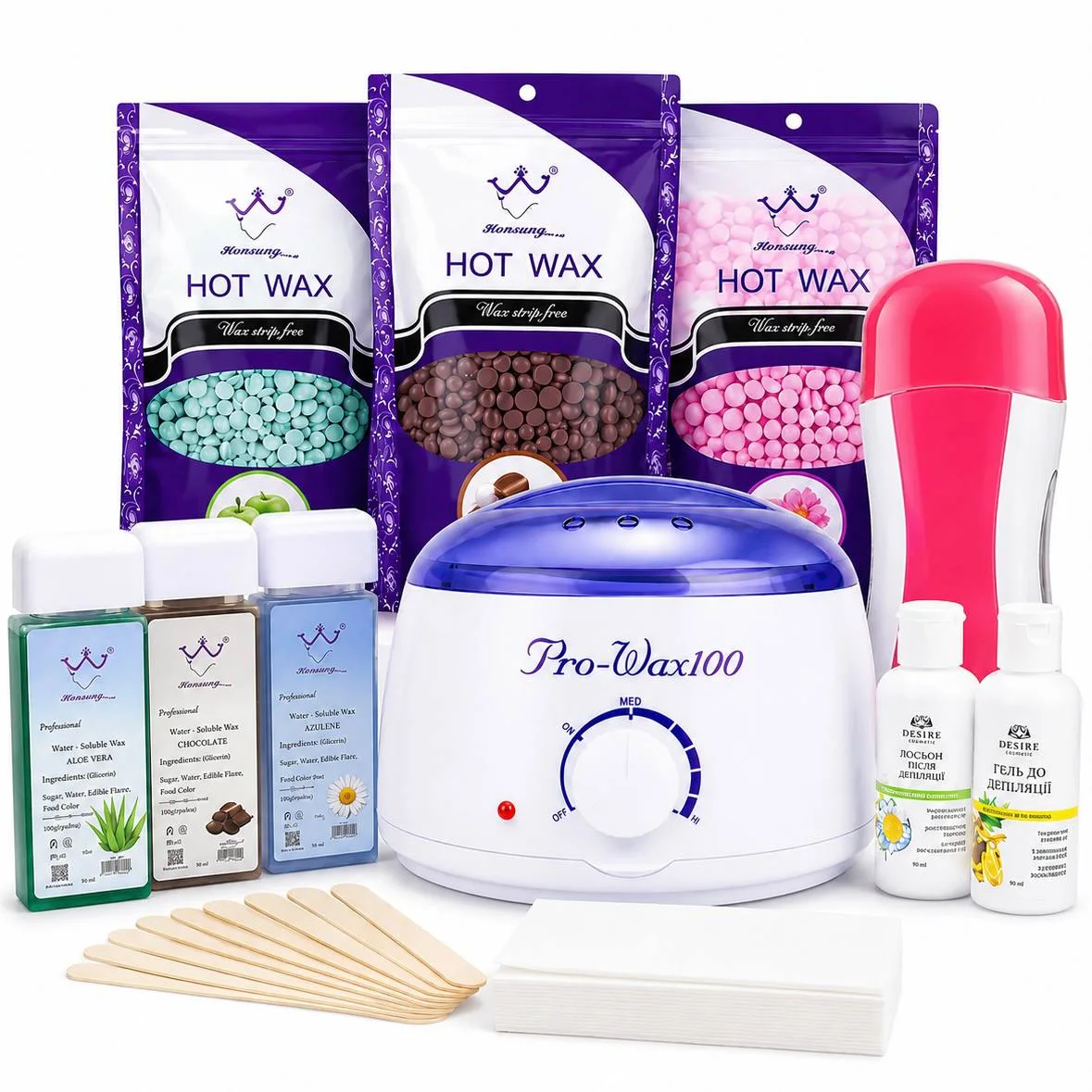 Стартовий набір для депіляції та шугарингу 12в1 Pro-Wax 100 з банковим і касетним воскоплавом, віск, паста, засоби